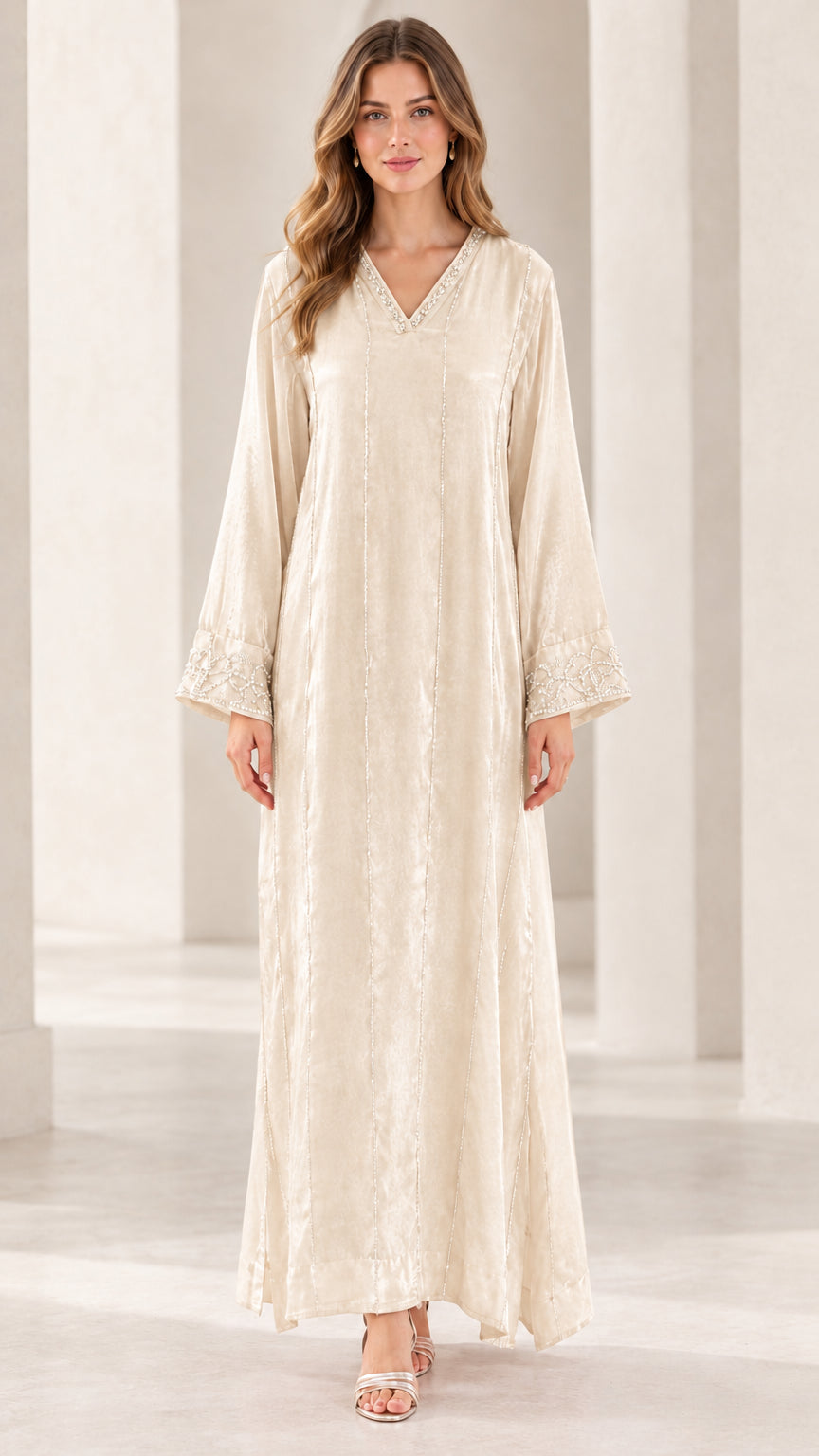 Front view of model wearing Champagne embellished velvet kaftan dress