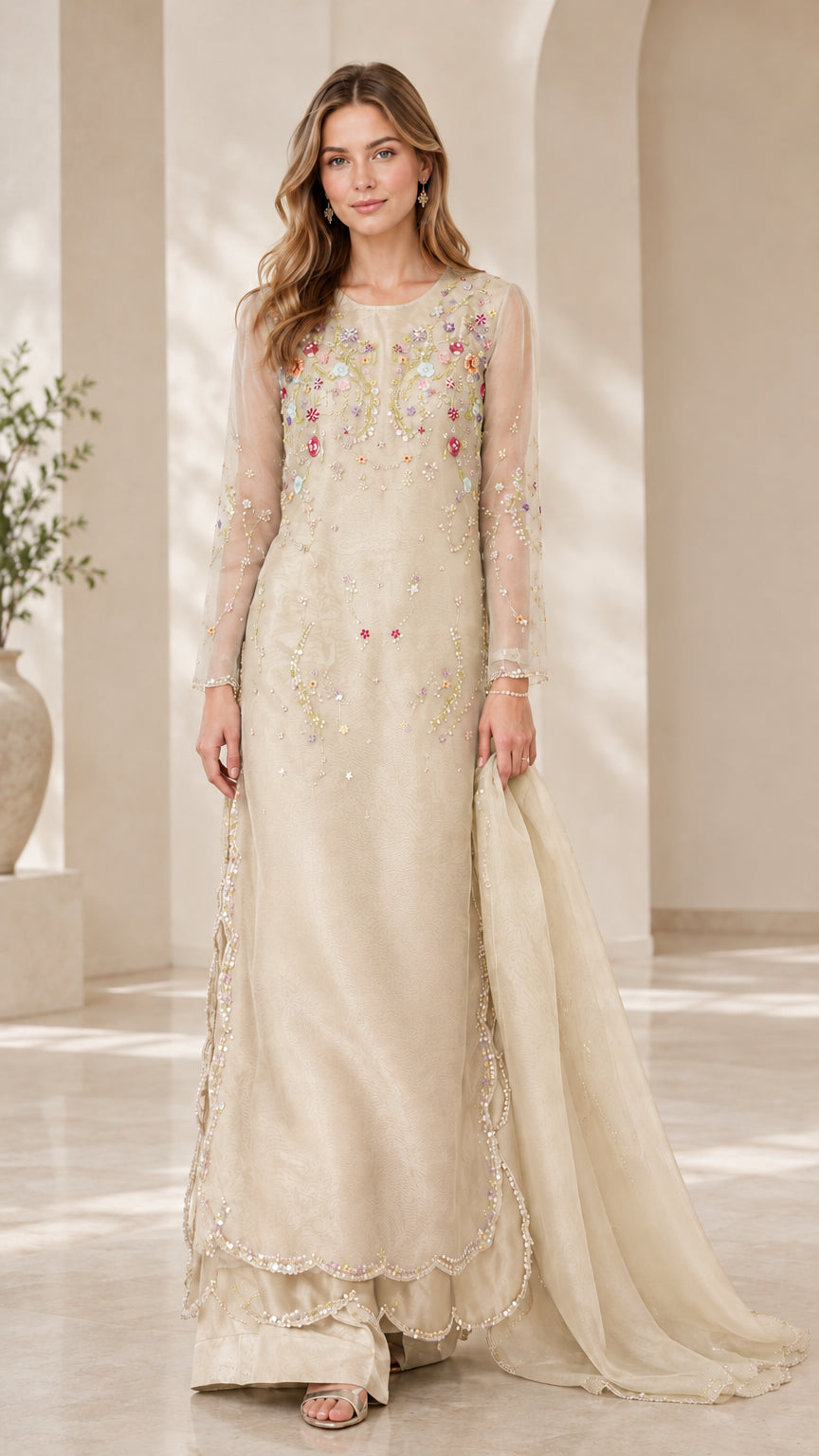 Full length champagne beige floral embroidered long tunic suit set