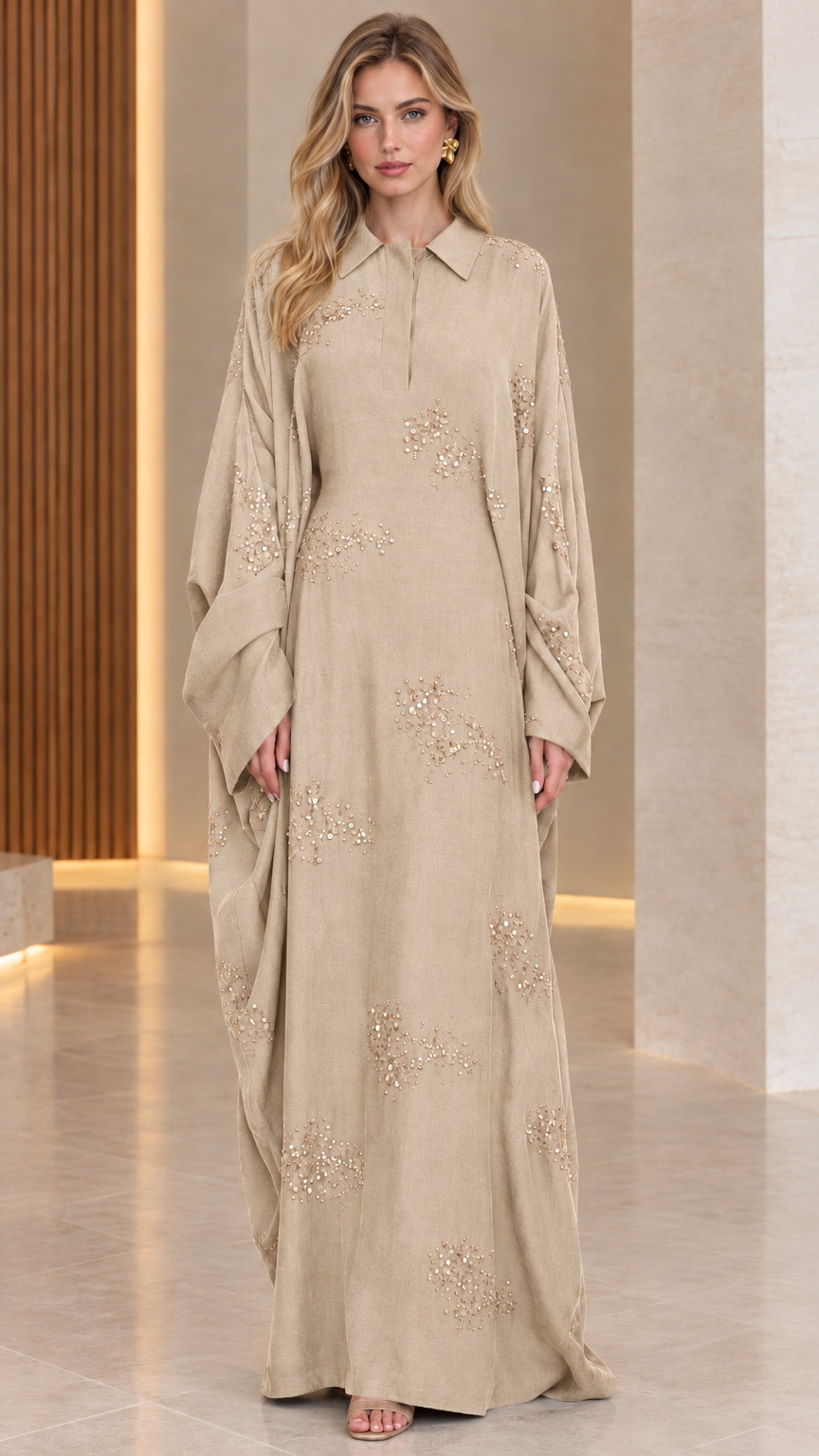 Champagne beige collared sequin kaftan maxi dress front view