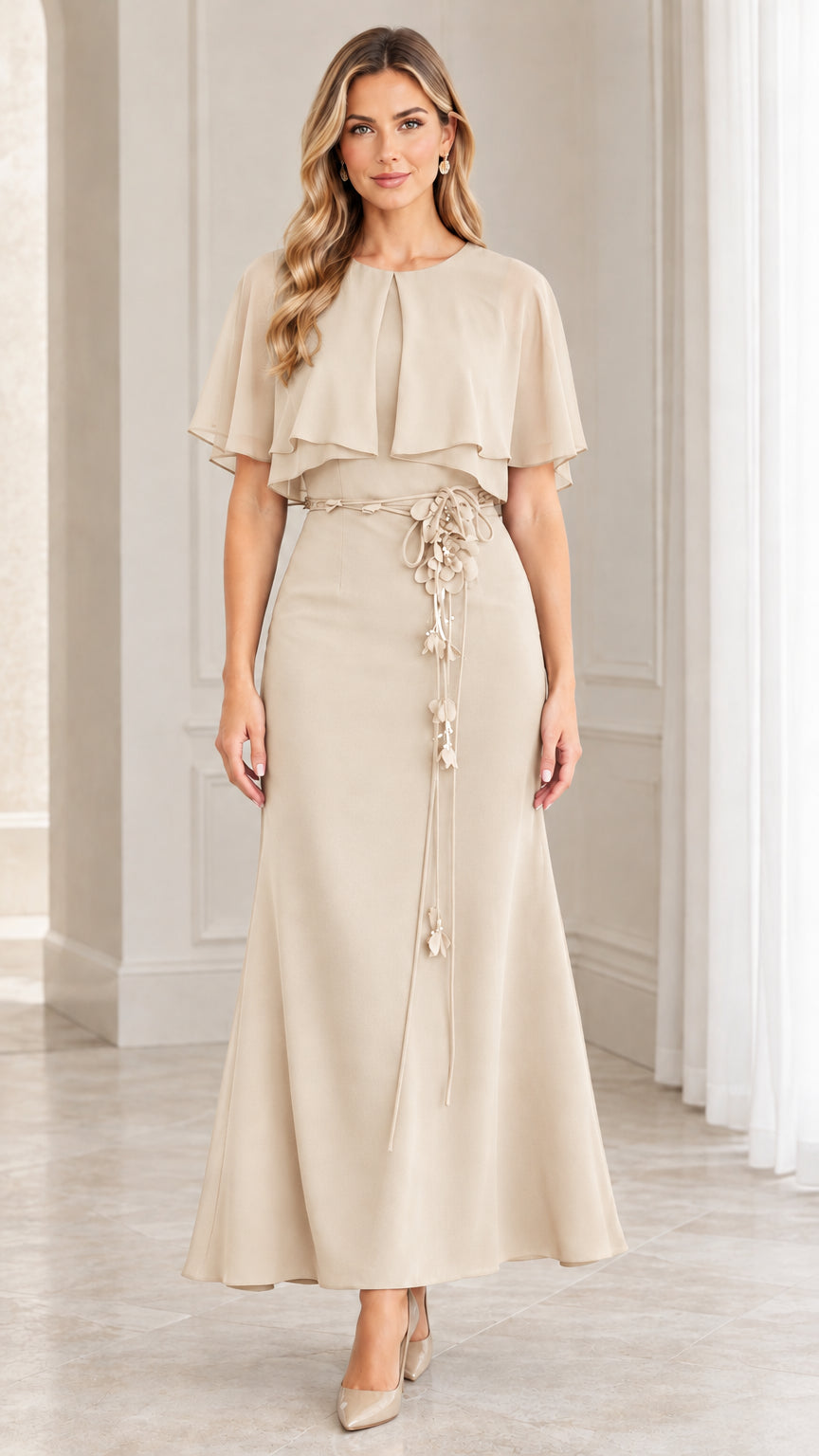 Front view of champagne beige chiffon capelet maxi dress