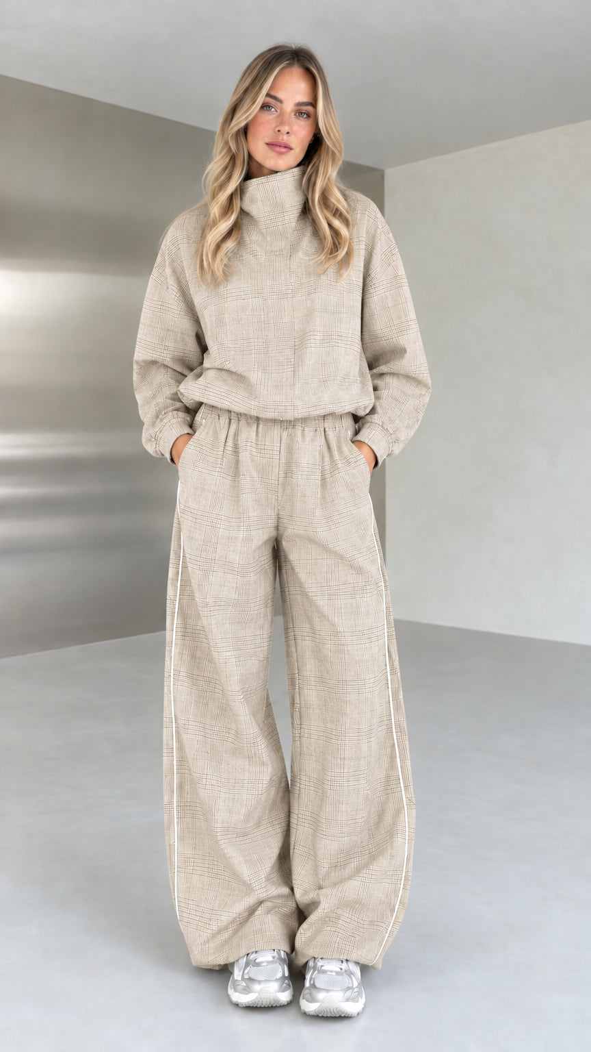 Model wearing beige oatmeal plaid two-piece casual set