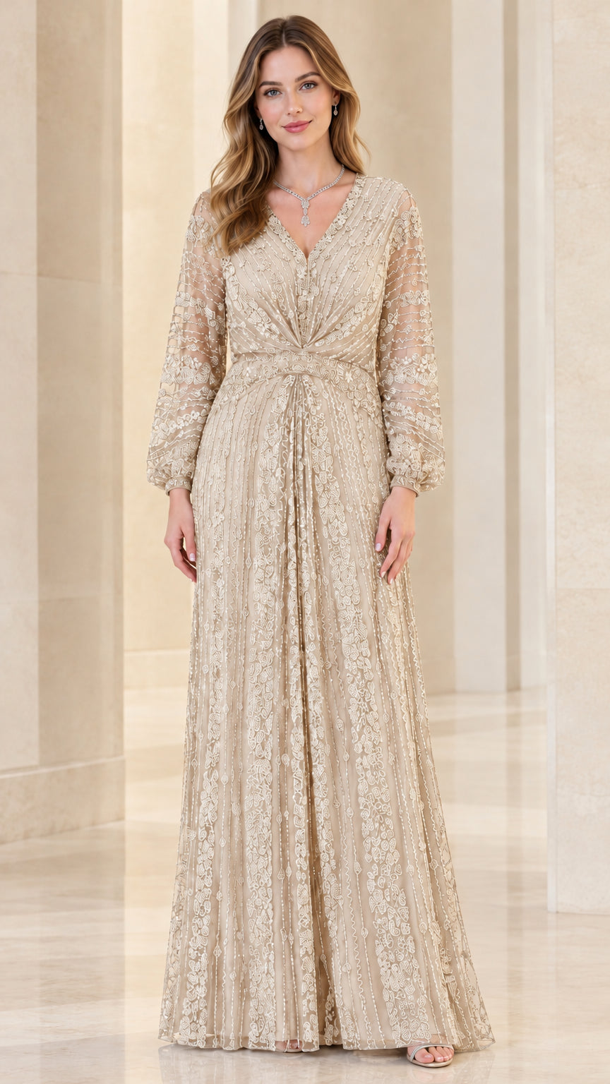 Champagne Gold sequined long sleeve formal evening maxi dress
