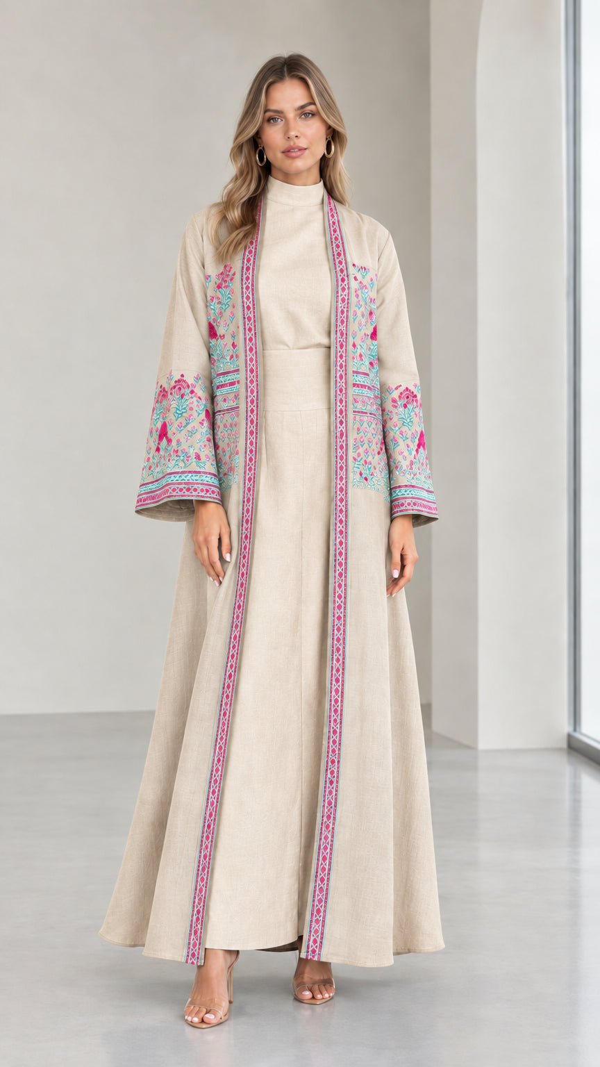 Front view of woman wearing Beige embroidered two-piece abaya set