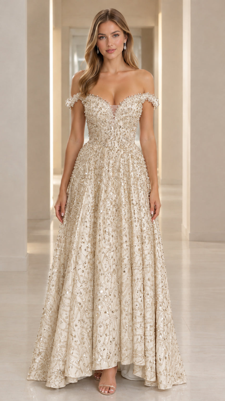 Model wearing champagne gold off-the-shoulder beaded evening gown