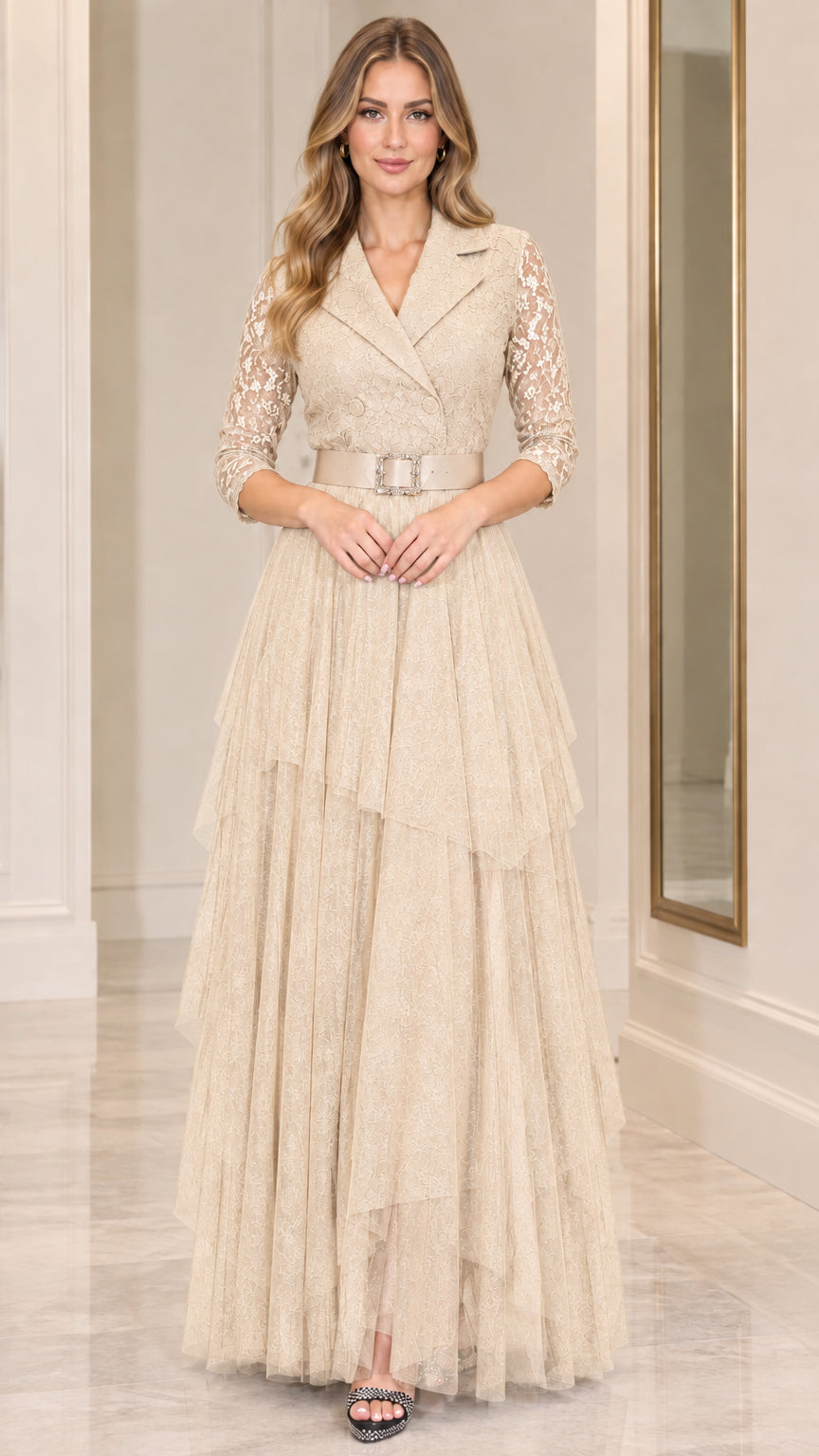 Model wearing champagne beige lapel lace tiered maxi evening dress with belt
