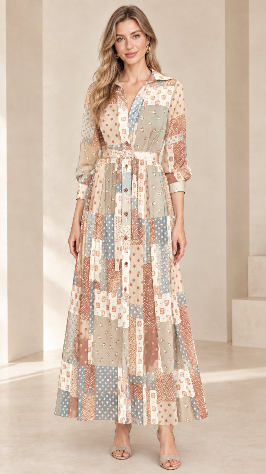 Front view of model wearing Beige Multi long sleeve patchwork maxi shirt dress