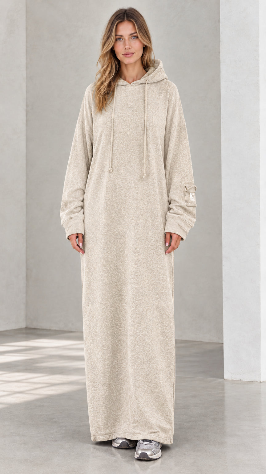 Front view of model wearing oatmeal beige oversized maxi hoodie dress