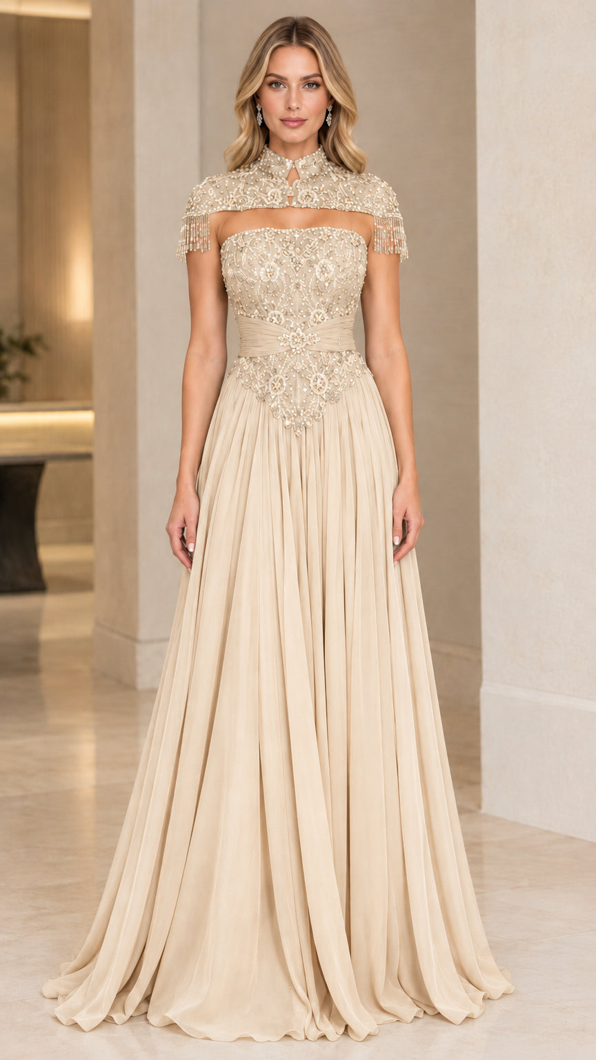 Champagne gold beaded capelet A-line evening gown