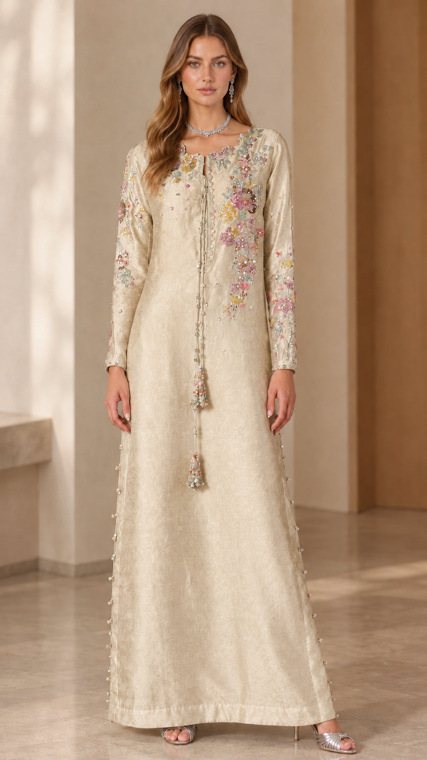 Champagne gold floral embroidered long sleeve maxi kaftan gown