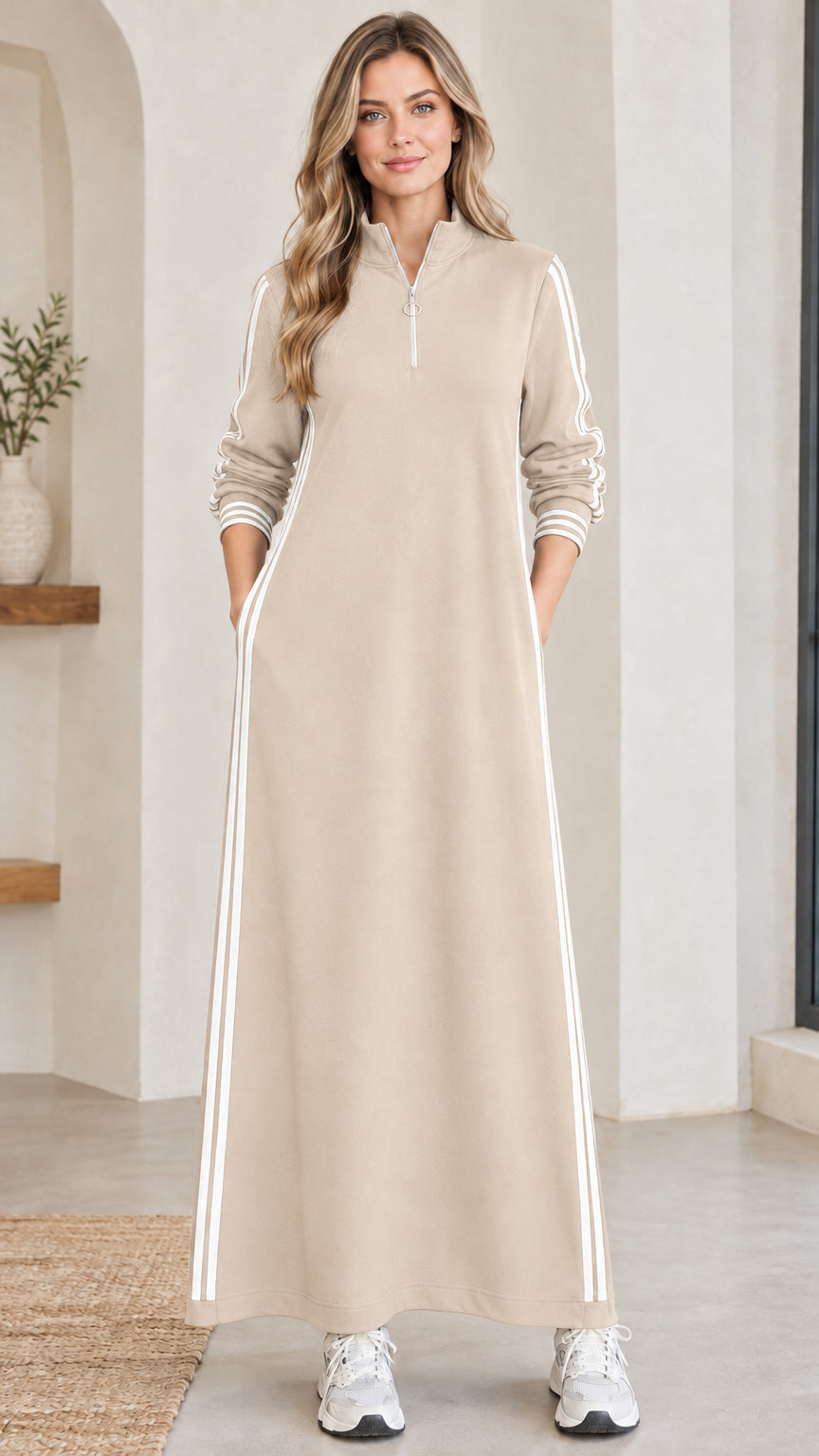 Full front view of women's beige half-zip striped maxi dress