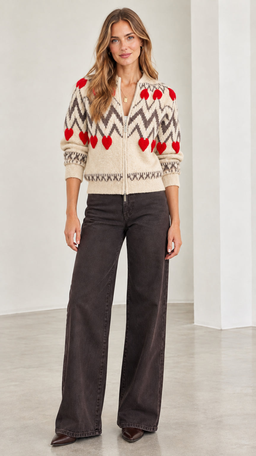 Front view of woman wearing cream chevron and red heart zip-up knit cardigan