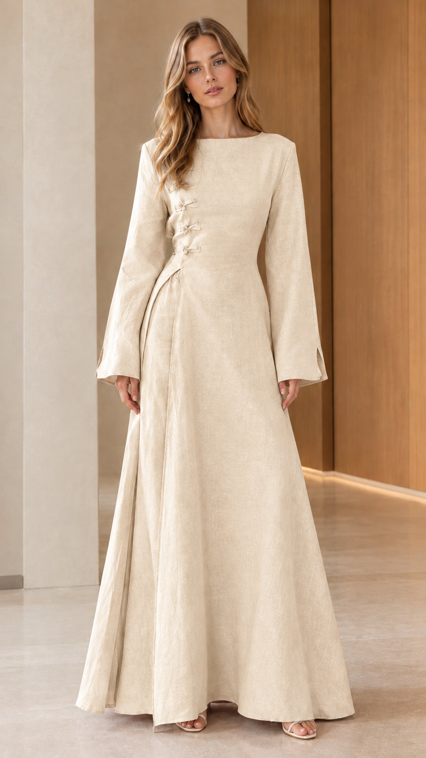 Model wearing Champagne cream boat neck A-line maxi dress