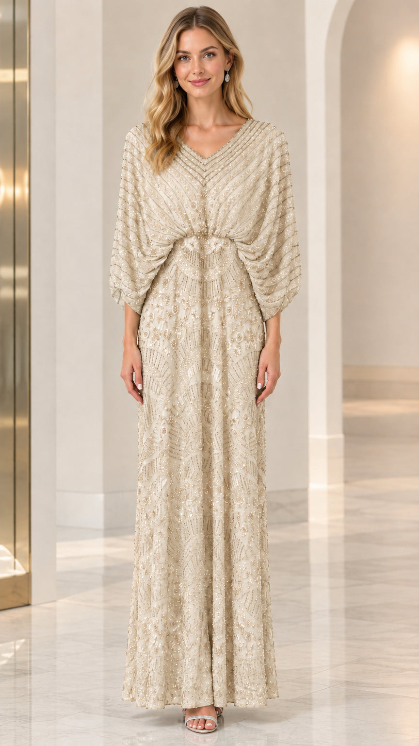 Champagne sequin cape sleeve evening gown front view