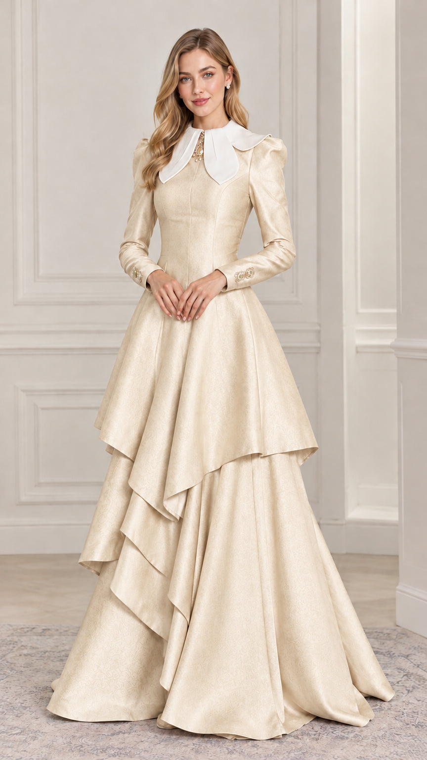 Full-length view of champagne beige tiered formal maxi dress with white collar
