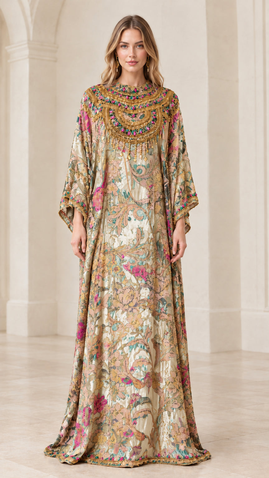 Front full-length view of model wearing the Champagne gold floral beaded kaftan maxi dress