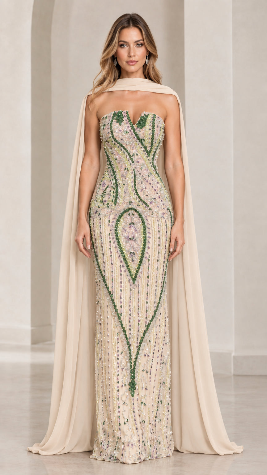 Full-length view of champagne ivory beaded evening gown with matching champagne chiffon cape