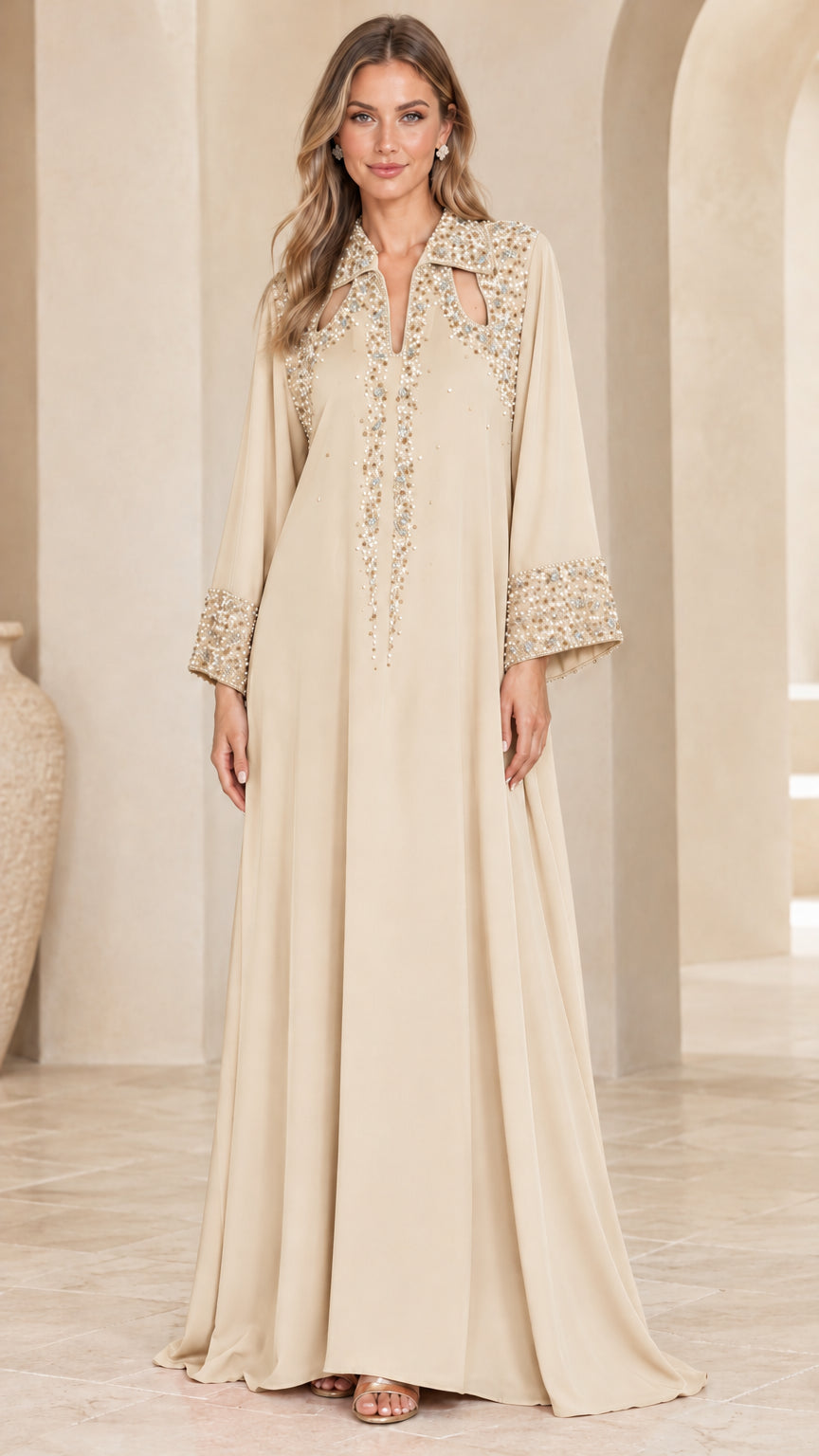 Front view of woman wearing champagne cream beaded collar kaftan maxi dress