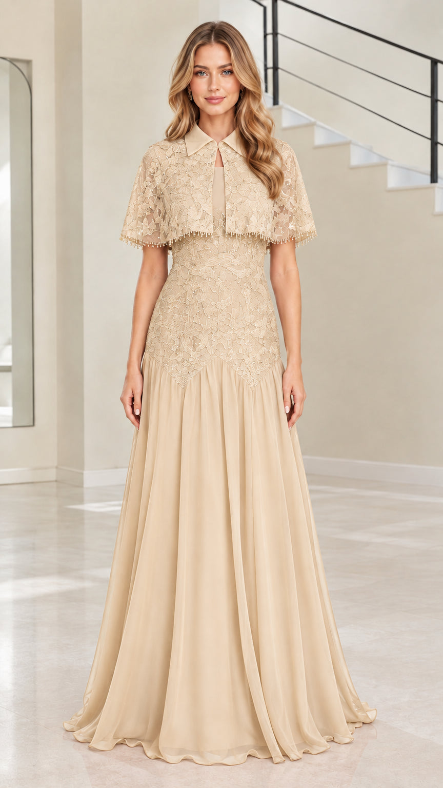 Woman wearing champagne gold capelet evening dress