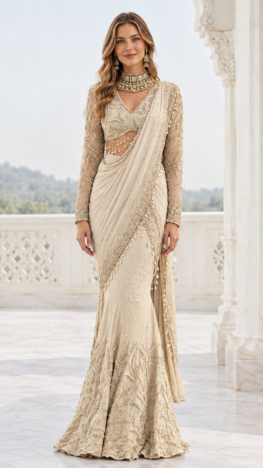 Front full-length view of champagne beige embroidered pre-draped saree gown