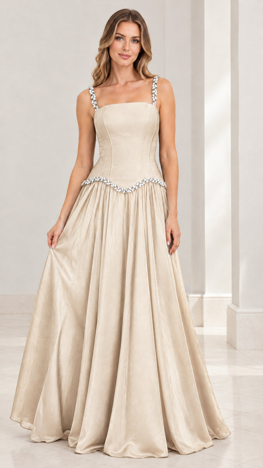 Model wearing the elegant champagne gold pleated formal maxi dress
