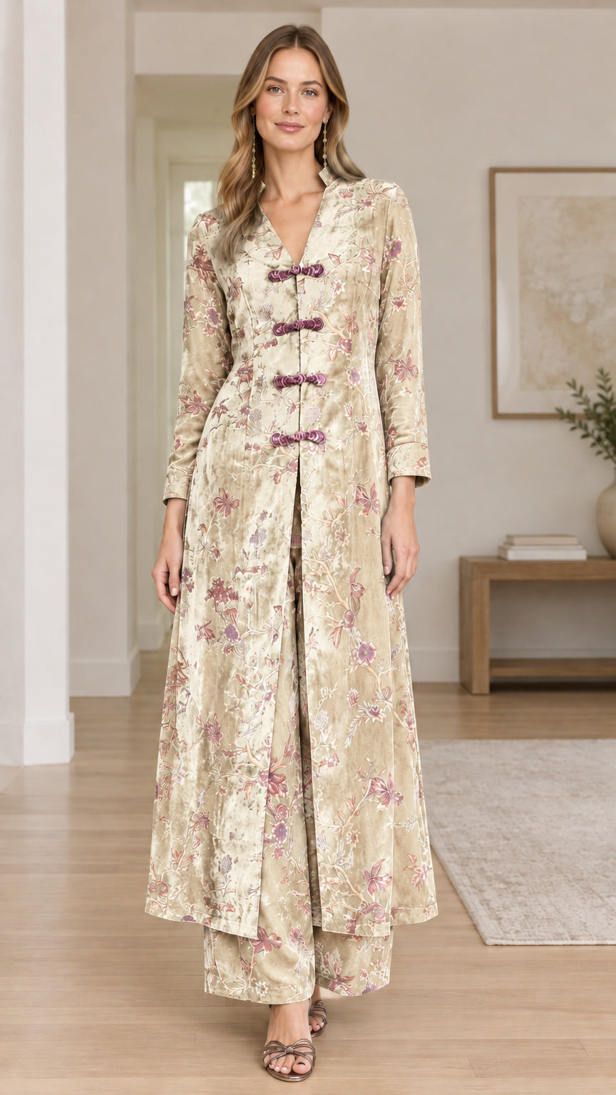 Model wearing Champagne beige floral velvet two-piece pant set
