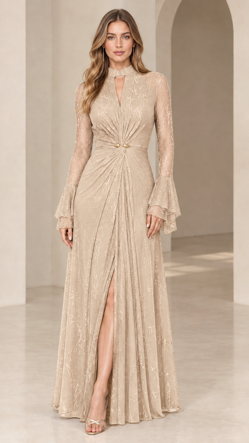 Champagne gold lace formal gown with metallic waist accent and front leg slit